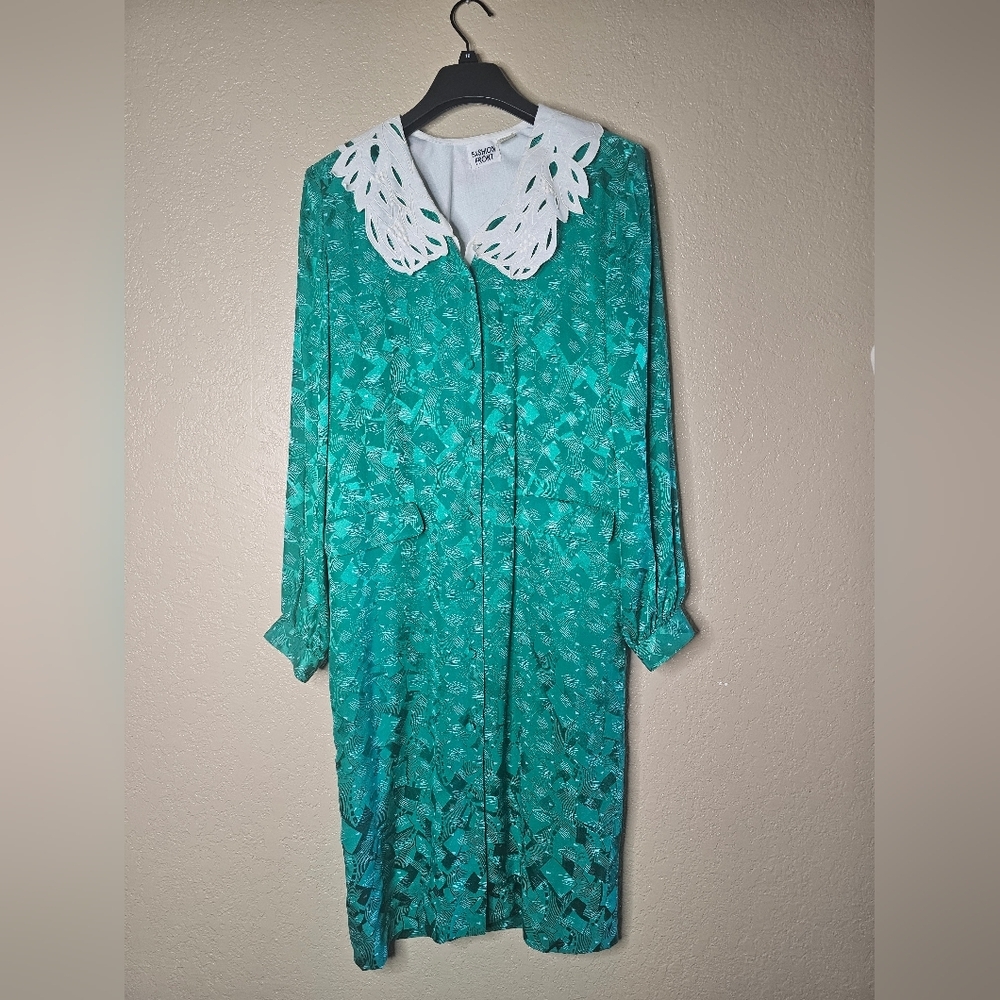 VINTAGE Fashion front Paisley Maxi Dress Long Sleeve Emerald Green Size L